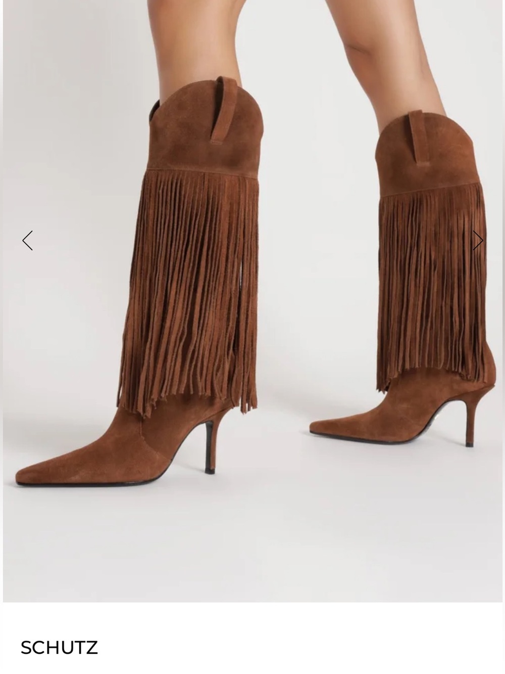 SCHUTZ Raffaela Brown Suede Fringe Knee-High Heeled Boots Size 9B